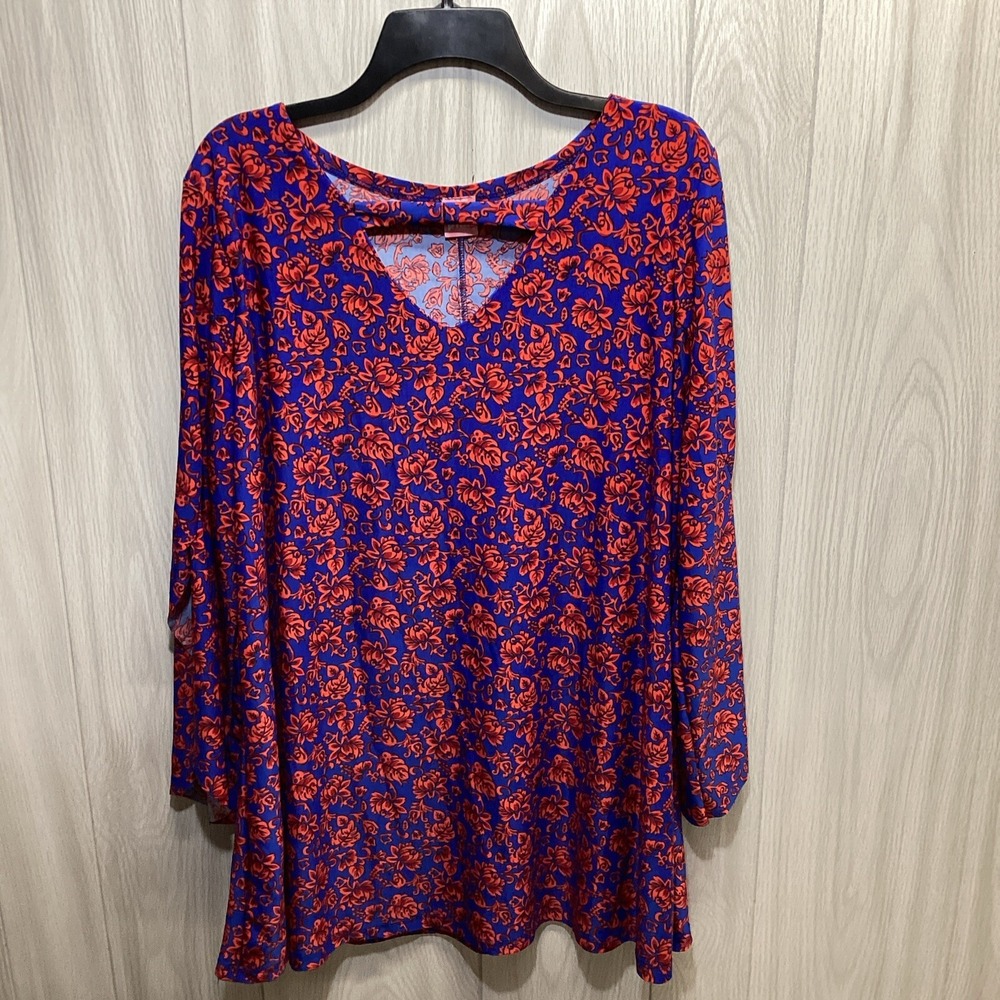 FLIRTY PINK‎ Women's (Size 2X) Long Sleeve Keyhole Neck Tunic Floral Stretch USA